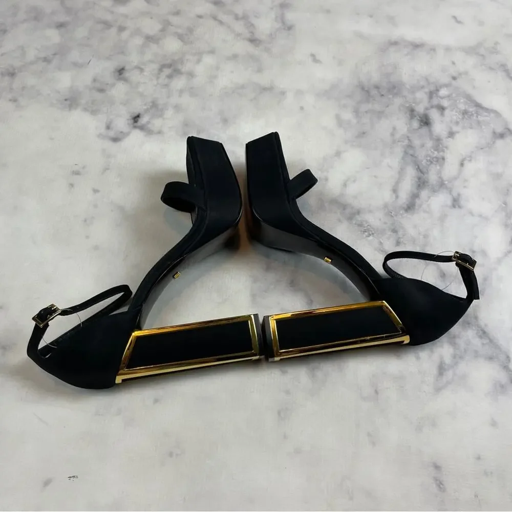Kat Maconie Missy Black Platform Sandals Gold Edge Heel NWOB Sz 40